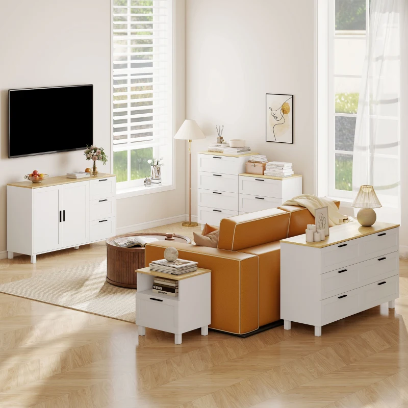 HOMCOM Buffet salon, meuble de rangement, double porte à fermeture amortie, 3 tiroirs et étagère réglable, 120x38x76cm, blanc