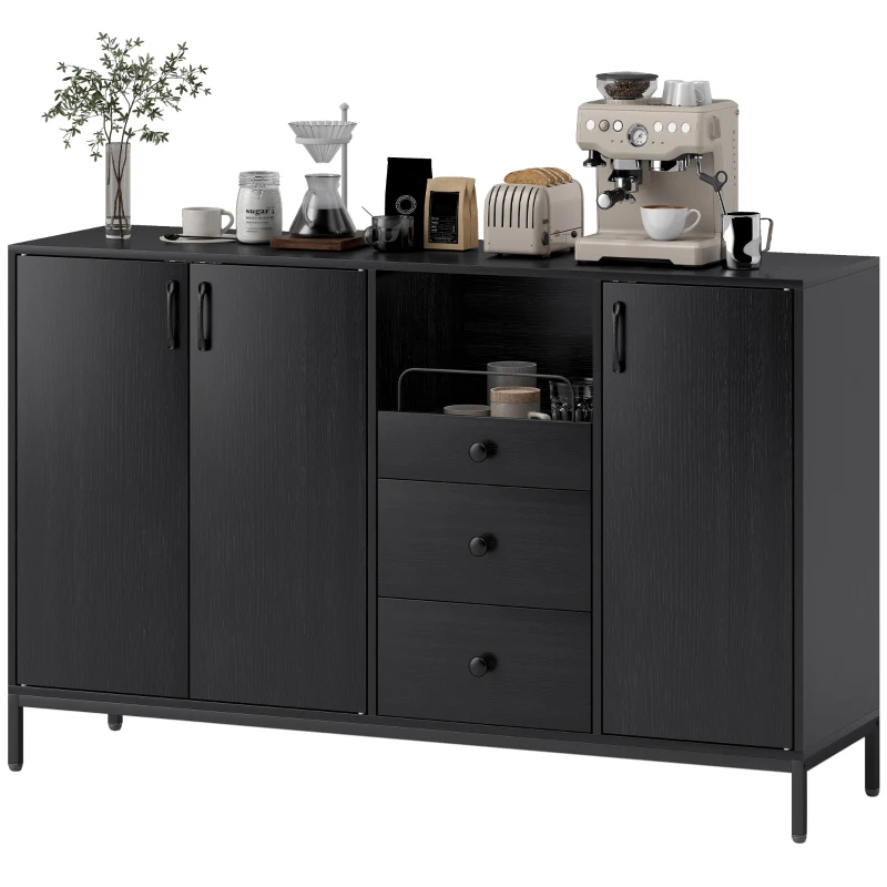 HOMCOM Aparador de 3 Puertas Aparador de Salón con 3 Cajones Estantes Ajustables para Cocina Entrada Negro 143,5x40x90 cm