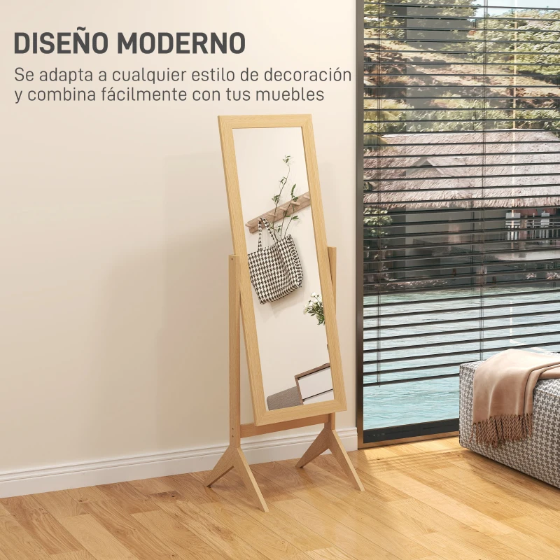 HOMCOM Espejo de Pie Cuerpo Entero Reclinable 47x46x148 cm Espejo de Cuerpo Entero Independiente con Marco rectangular Roble