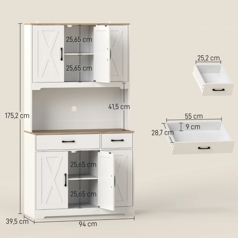 HOMCOM Buffet haut cuisine armoire de cuisine avec 6 portes 2 tiroirs plan de travail étagères réglables 94x39,5x175,2cm blanc
