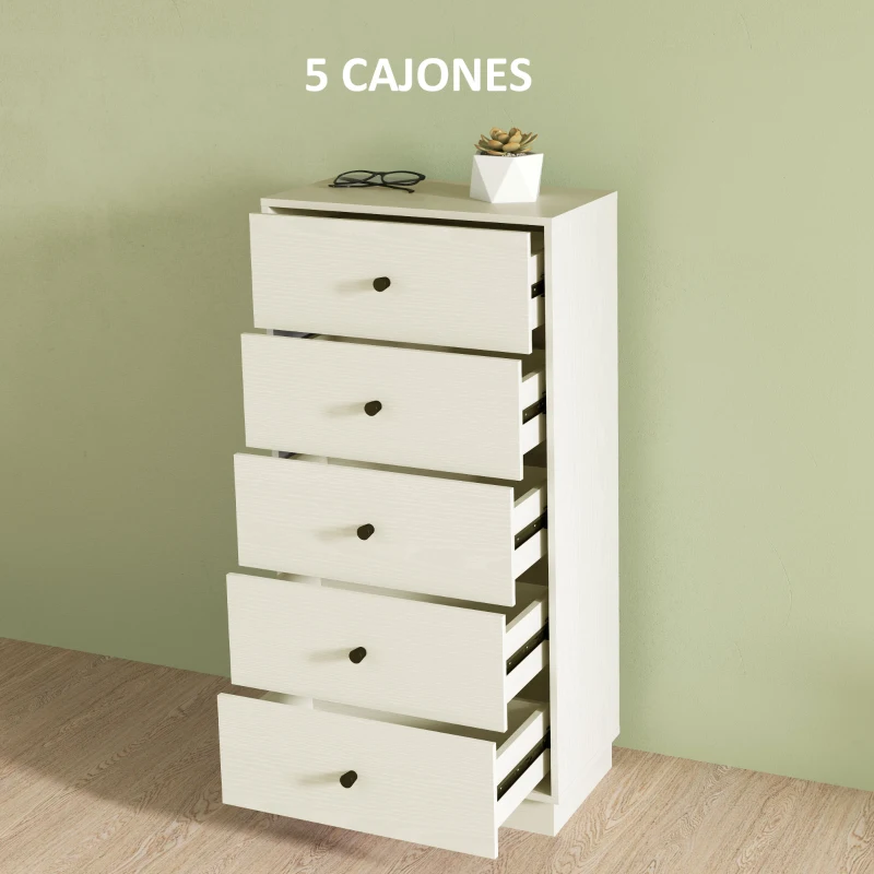 HOMCOM Cómoda de 5 Cajones Estrecha y Alta Mueble Auxiliar para Dormitorio o Pasillo con Tiradores Redondos 47x29x95 cm Beige