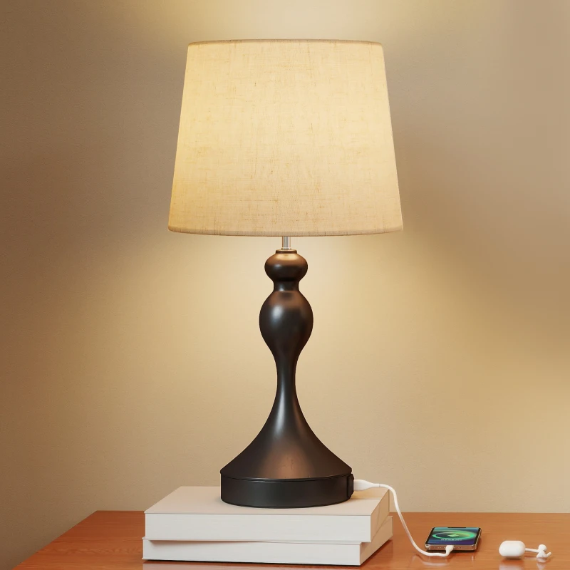 HOMCOM Lampada da Tavolo LED 3 Colori con USB-A+C, Paralume in Lino, Nero