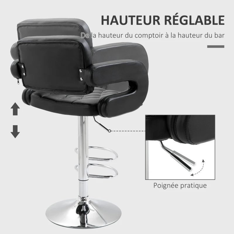 HOMCOM Tabouret de bar pivotant chaise de bar réglable en hauteur avec dossier repose-pieds et accoudoirs 61x50x94-114cm noir