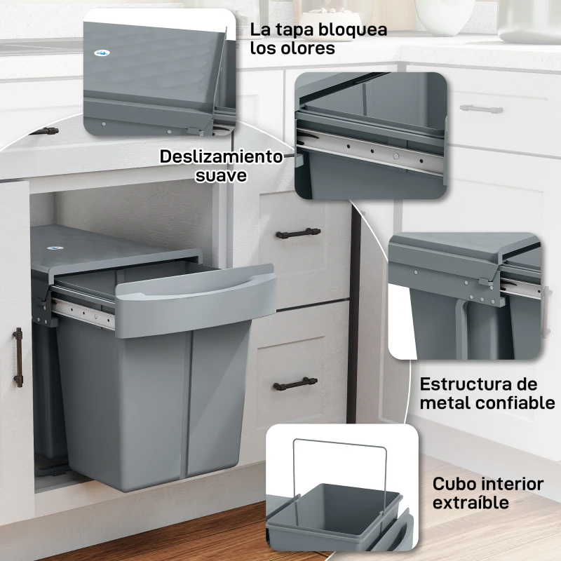 HOMCOM Cubo de Basura bajo Fregadero 2 Contenedores de Reciclaje Extraíble 2 x 20 L Deslizamiento Suave Gris