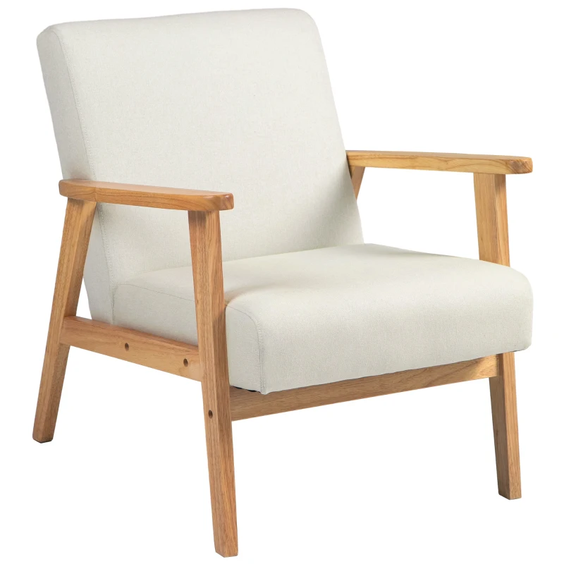 HOMCOM Fauteuil de Salon Fauteuil de Relaxation Fauteuil Simple pour Chambre Cadre en Bois hévéa Revêtement en Lin Crème