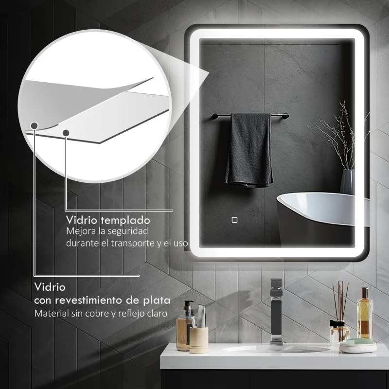 HOMCOM Espejo de Baño con Luces LED 70x90 cm 3 Colores de Luz Brillo Regulable Función Antivaho Función de Memoria IP44
