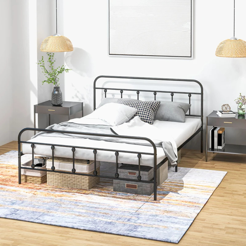 HOMCOM Cadre de lit 140 x 200 cm 2 personnes en acier sommier à lattes tête de lit et pied de lit rangement sous le lit noir