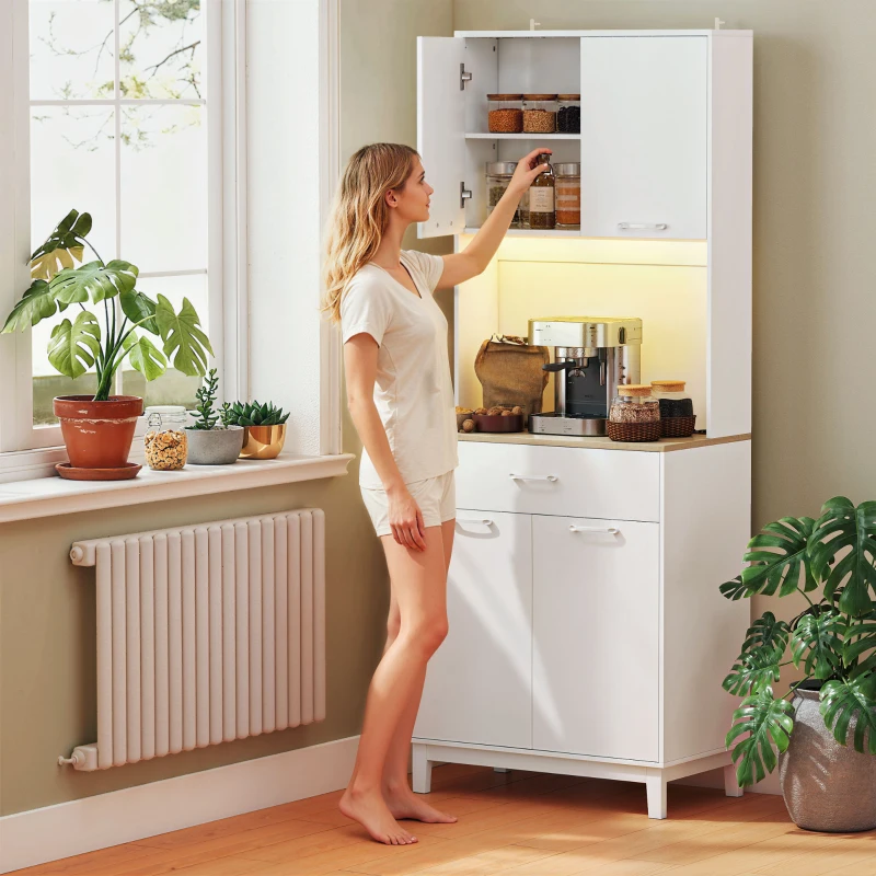 HOMCOM Alacena de Cocina con Luces LED Estación de Carga 4 Puertas Cajón Encimera Abierta 71x40x180 cm Blanco