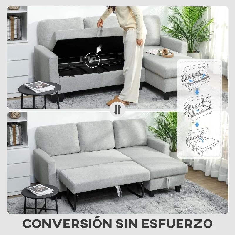 HOMCOM Sofá Cama Chaise Longue de 3 Plazas Chaise Longue Reversible Ambos Lados con Almacenaje con Fundas Removibles Gris
