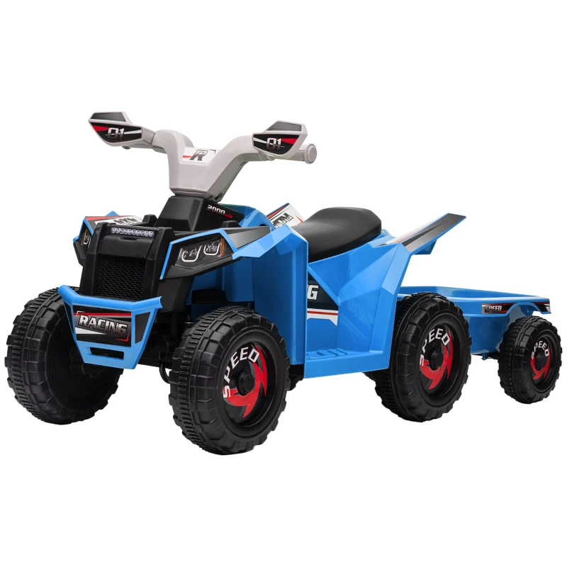 HOMCOM Quad Eléctrico para Niños con Remolque 6V Quad para Niños de 18-36 Meses con Velocidad 2,5 km/h 6 Ruedas Azul