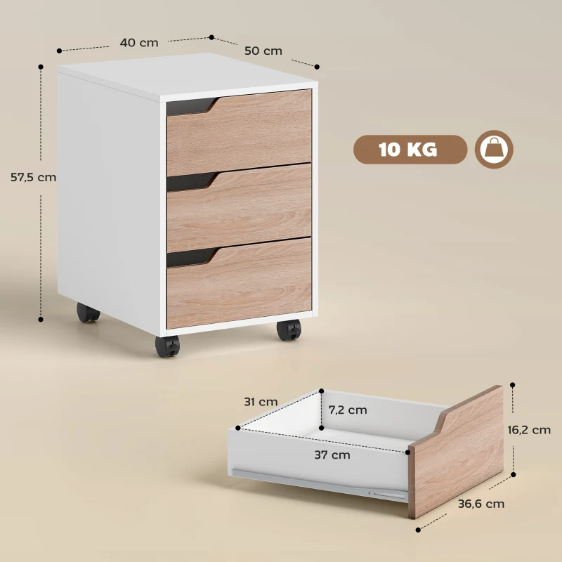 HOMCOM Caisson bureau mobile, meuble rangement bureau sur roulettes, 3 tiroirs, 40x50x57,5cm, blanc et chêne