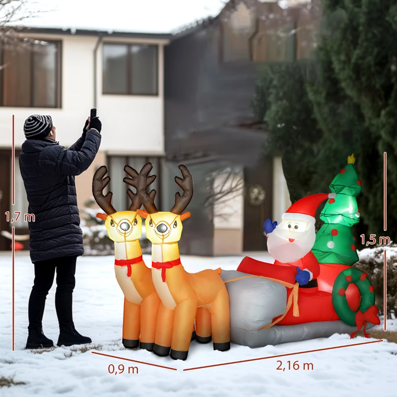 Outsunny Papá Noel Hinchable con Trineo y Renos Inflables de Navidad con Luces LED para Exterior e Interior 216x90x150 cm