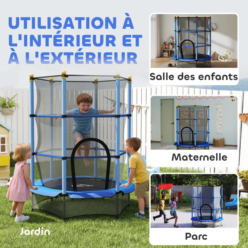 HOMCOM Trampoline Enfant Ø 1,40 × 1,90H m Filet de sécurité Porte zipée Couvre-Ressorts 6 poteaux rembourrés Inclus Bleu