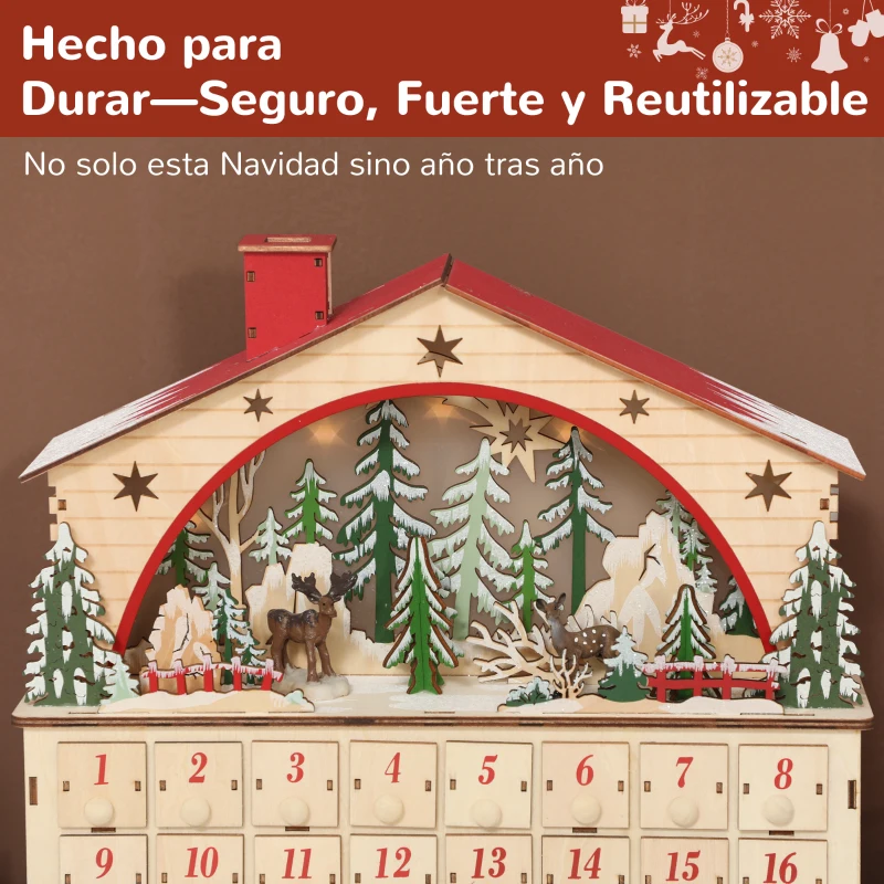 HOMCOM Calendario de Adviento para Rellenar de Madera con Luces LED 24 Cajones y Escena de Pueblo 36x10x34 cm Natural