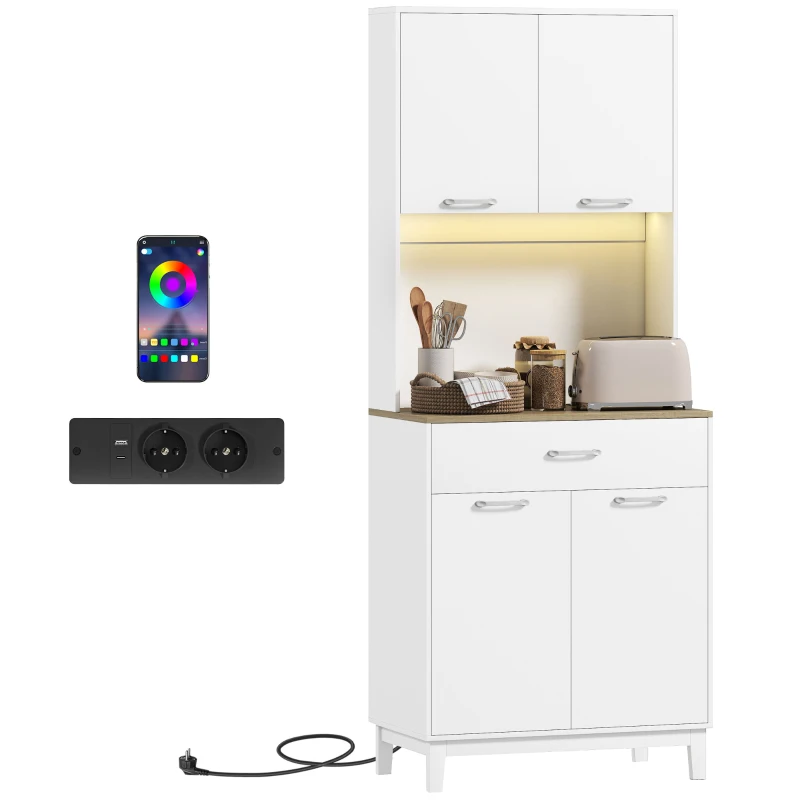 HOMCOM Alacena de Cocina con Luces LED Estación de Carga 4 Puertas Cajón Encimera Abierta 71x40x180 cm Blanco