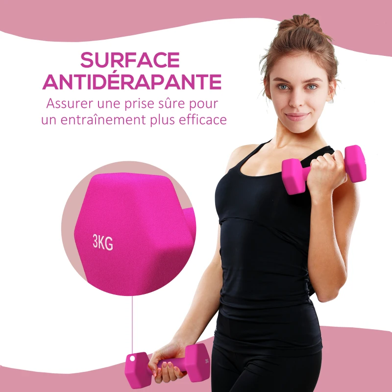 SPORTNOW Lot de 2 haltères hexagonales avec poignée antidérapante pour l'entraînement à la maison, 2 x 3 kg, rose