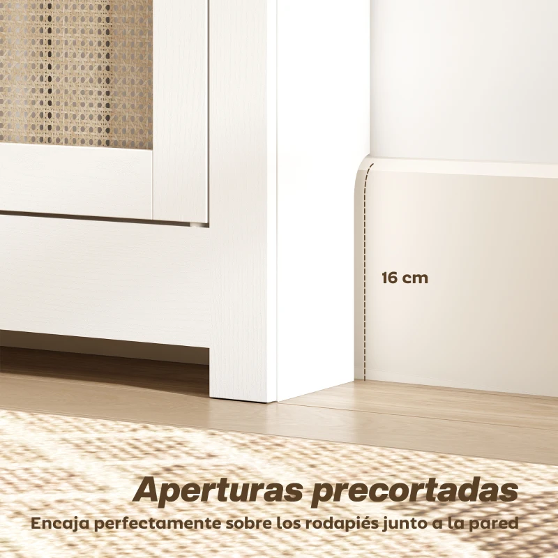 HOMCOM Cubre Radiadores con Puertas Abatibles y Ratán 2 Compartimentos Diseño Bohemio para Salón Dormitorio Blanco