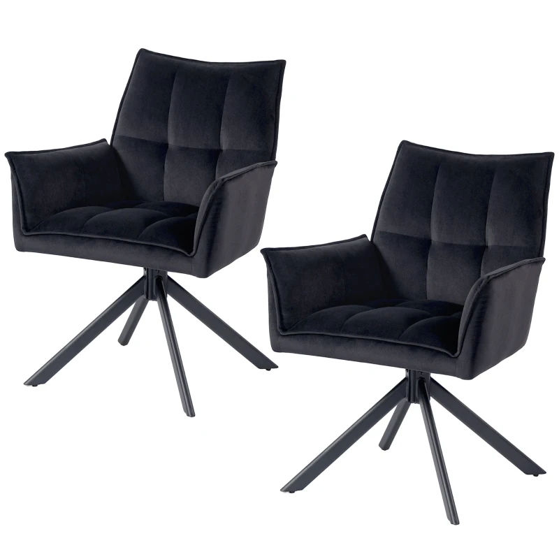 HOMCOM Pack de 2 Sillas de Comedor Giratorias con Reposabrazos Respaldo Acolchado Tapizado en Terciopelo Patas de Acero Negro