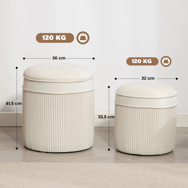 HOMCOM Lot de 2 poufs de rangement en velours, repose-pieds ronds gigognes avec couvercle amovible, Ø 36 et Ø 32 cm, crème