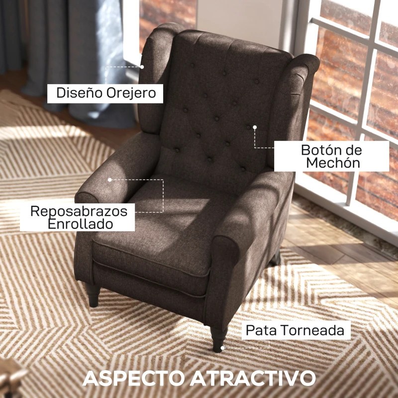 HOMCOM Sillón de Salón con Reposacabezas y Patas de Madera Butaca Carga 160 kg para Dormitorio Oficina Sala de Estar Marrón