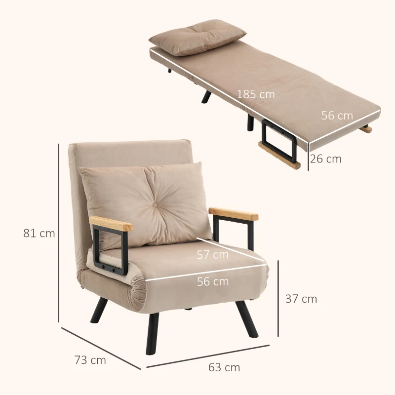 HOMCOM Fauteuil convertible 3 en 1 lit 1 place dossier 5 positions, accoudoirs en bois et coussin, tissu effet velours, beige