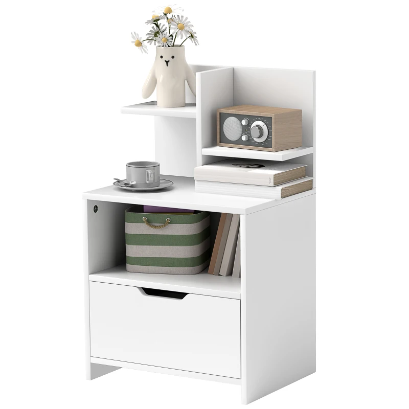 HOMCOM Mesita de Noche Mesilla de Noche Moderna con Cajón y Estantes de Almacenamiento para Salón Dormitorio 45x35x73cm Blanco
