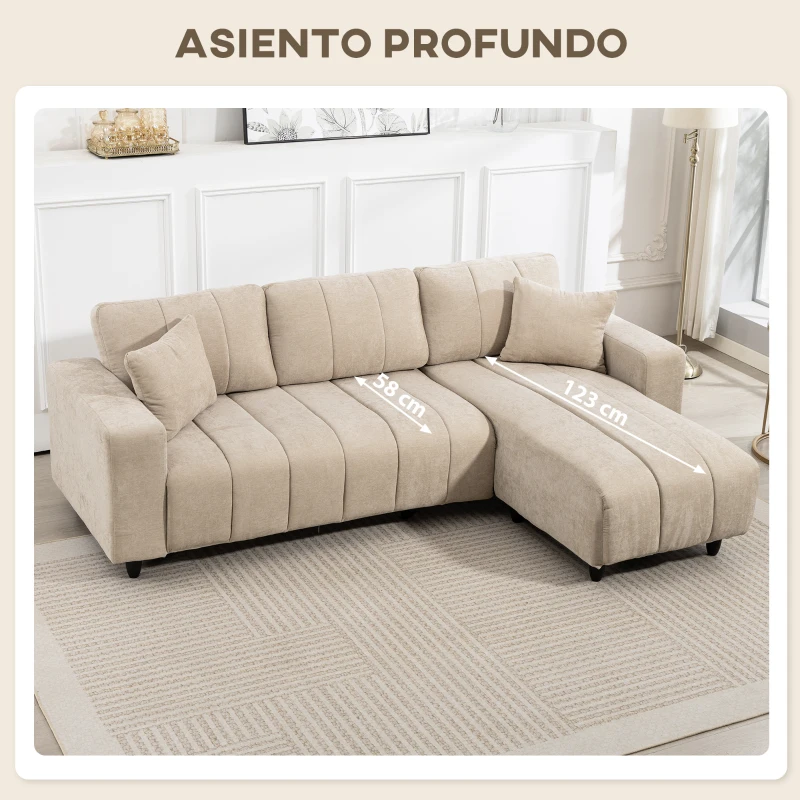 HOMCOM Sofá Chaise Longue Reversible de 3 Plazas 2 Almohadas Tapizado en Lino Marco de Acero 242x156x87 cm Beige