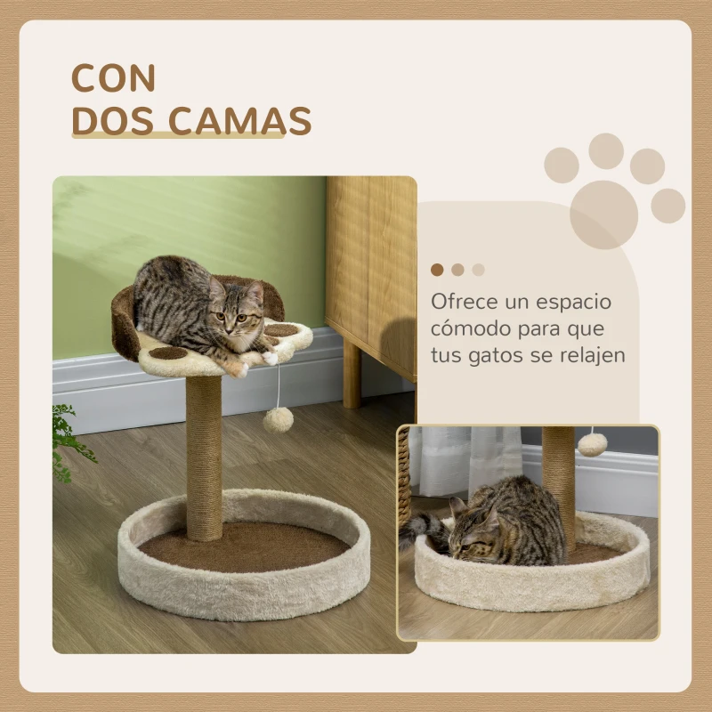 PawHut Árbol Rascador para Gatos Altura 44 cm Torre de Escalada con 2 Camas Poste de Yute, Juguete Colgante Marrón