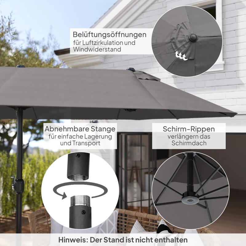 Outsunny Doppelsonnenschirm 455 x 265 cm, UV Schutz Sonnenschirm mit Handkurbel, Balkonschirm windfest Kurbelschirm Sonnenschutz für Balkon Garten, Grau