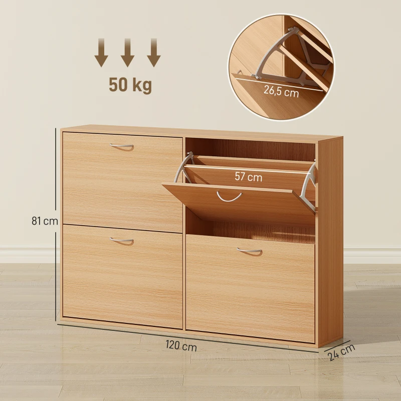 HOMCOM Zapatero Estrecho con 4 Puertas Estantes Ajustables para 16-24  Pares de Zapatos 120x24x81 cm Natural