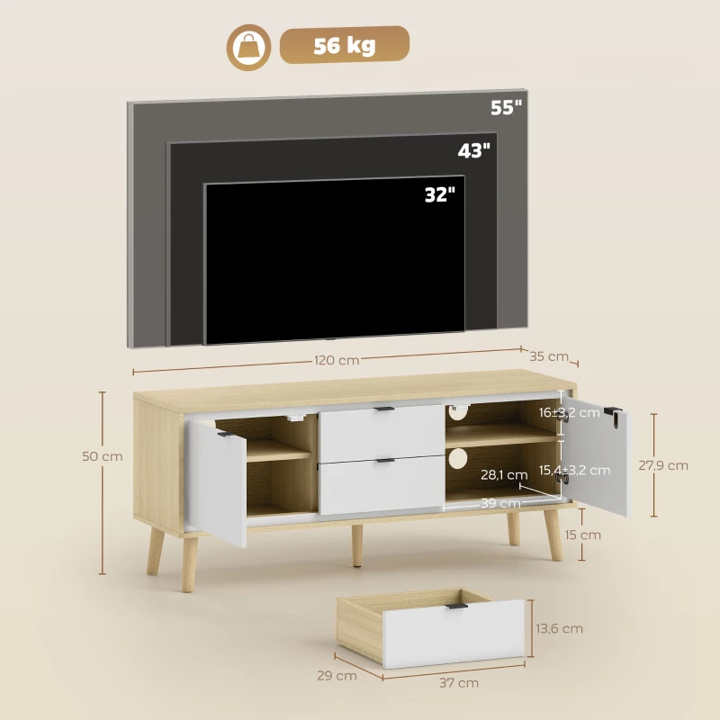 HOMCOM Mueble de TV Moderno de 2 Puertas 2 Cajones Orificios y Estantes Extraíbles 120x35x50 cm Blanco Brillo y Roble
