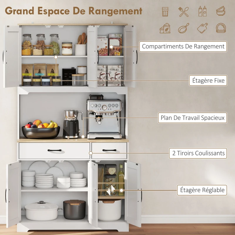 HOMCOM Buffet haut cuisine armoire de cuisine avec 6 portes 2 tiroirs plan de travail étagères réglables 94x39,5x175,2cm blanc