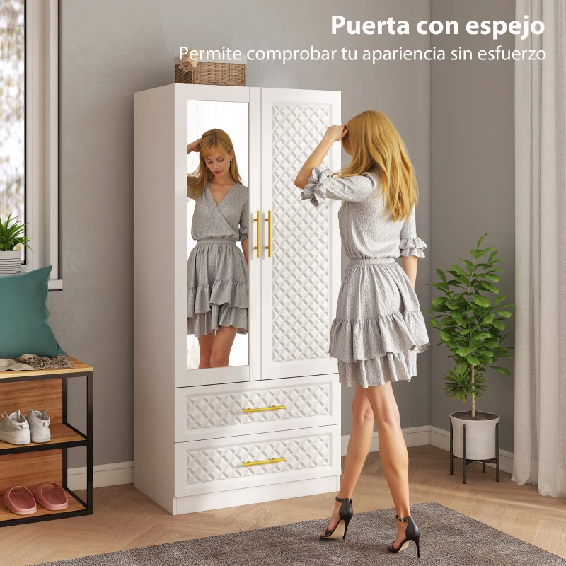 HOMCOM Armario Ropero con Espejo 2 Puertas y 2 Cajones Relieve de Diamante Barra para Colgar 80x50x180 cm Blanco