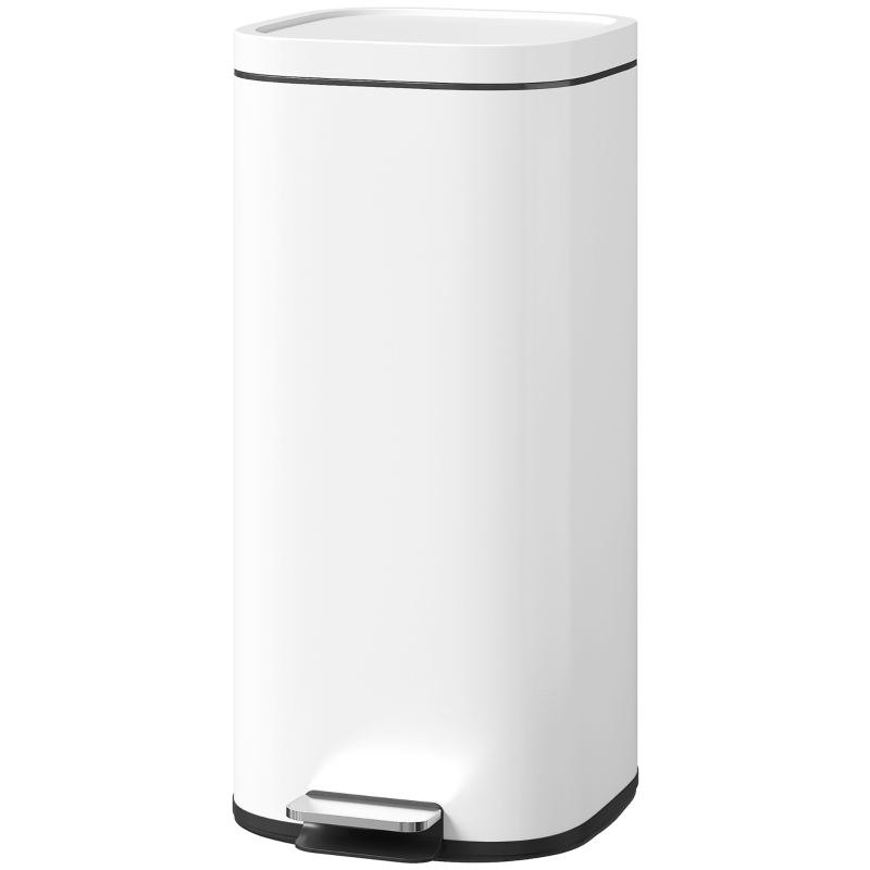 HOMCOM 30L Kitchen Bin, Compact Pedal Bin with Soft-Close and Stay-Open Lid, Removable Bucket for Kitchen, Home, Office, White
