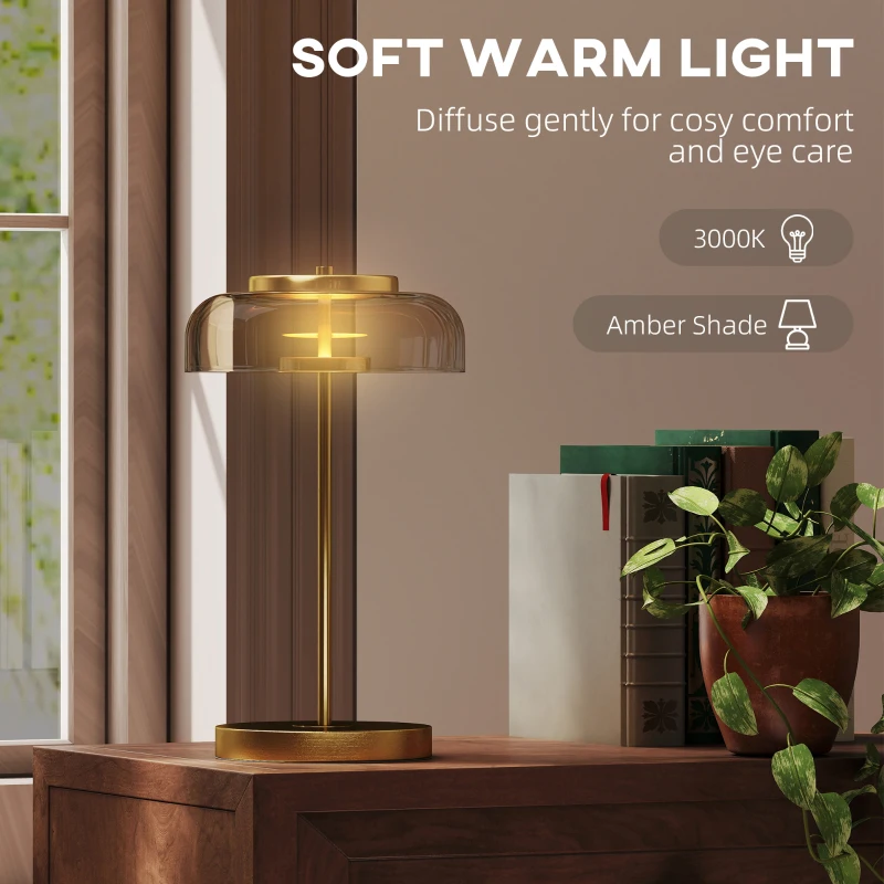 HOMCOM Tischlampe Tischleuchte mit warmem LED-Licht, Metallsockel, bernsteinfarbenem Glasschirm, Ø23 x 40H cm, Gold