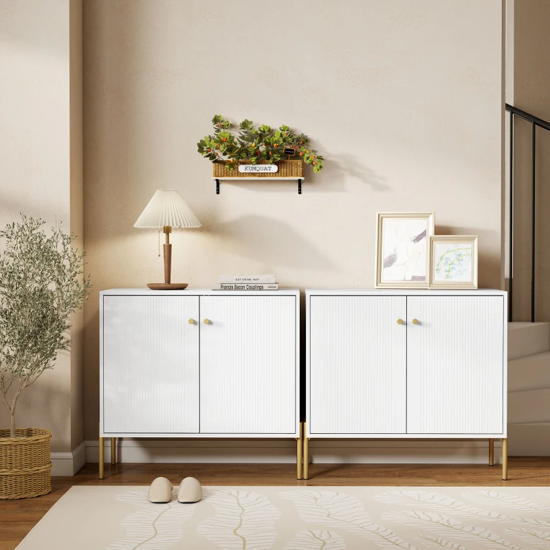 HOMCOM Buffet salon, meuble de rangement avec double porte cannelée, étagère réglable, pieds en acier, 80 x 39,1 x 76 cm, blanc