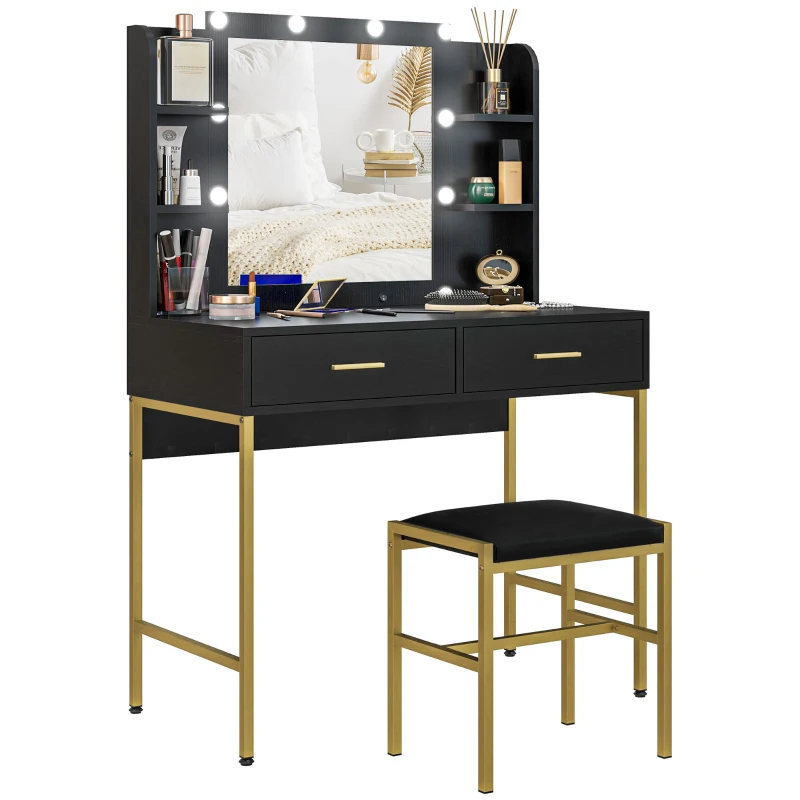 HOMCOM Coiffeuse avec miroir et éclairage intégré, tabouret rembourré, 2 tiroirs, étagères, coiffeuse moderne, noir