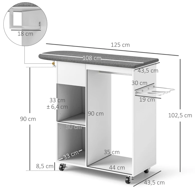 HOMCOM Armoire à repasser en bois table à repasser avec roulettes barre de suspension étagère 125 x 43,5 x 102,5 cm blanc
