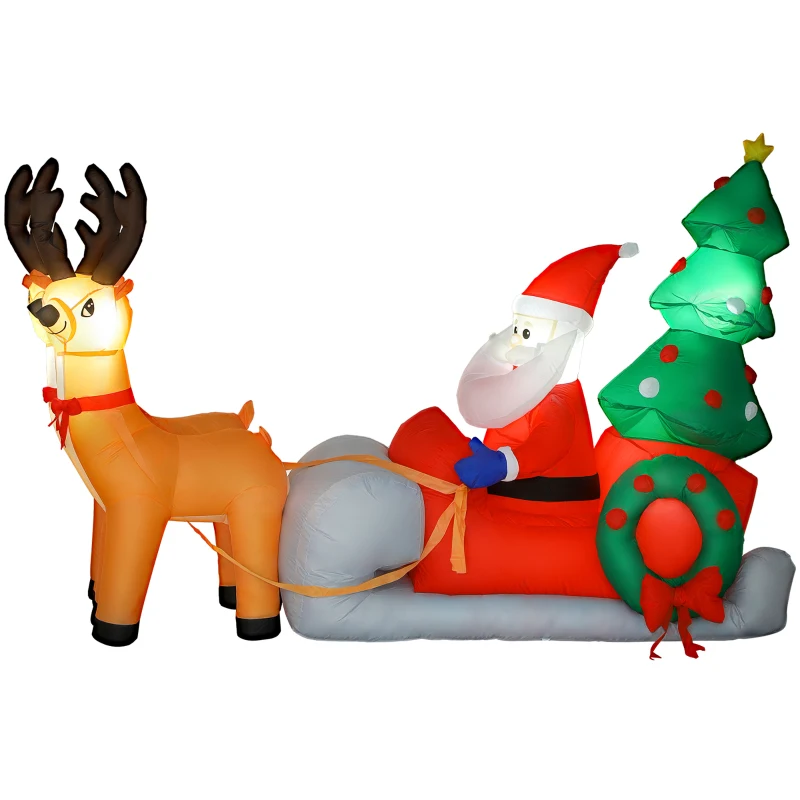 Outsunny Papá Noel Hinchable con Trineo y Renos Inflables de Navidad con Luces LED para Exterior e Interior 216x90x150 cm