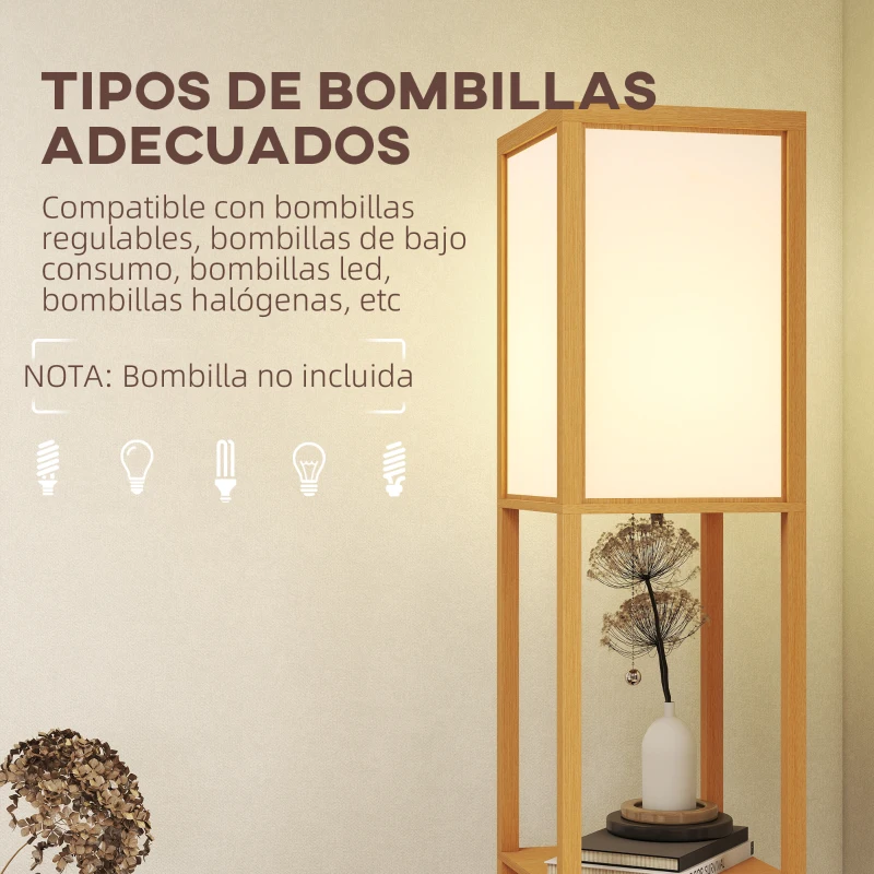 HOMCOM Lámpara de Pie con Estantes de Almacenaje Bombilla E27 para Salón Dormitorio Oficina Natural