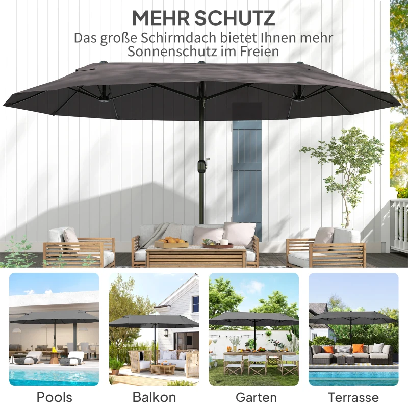 Outsunny Doppelsonnenschirm 455 x 265 cm, UV Schutz Sonnenschirm mit Handkurbel, Balkonschirm windfest Kurbelschirm Sonnenschutz für Balkon Garten, Grau