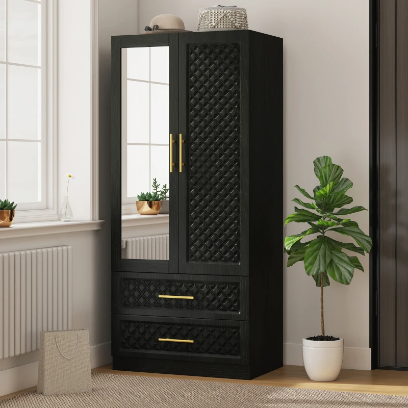 HOMCOM Armario Ropero con Espejo 2 Puertas y 2 Cajones Relieve de Diamante Barra para Colgar 80x50x180 cm Negro