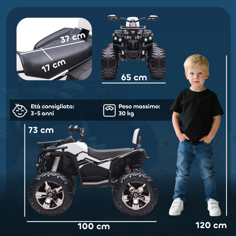 HOMCOM Quad Elettrico per Bambini 3-5 Anni a 12V con Fari e Pedale, Presa USB per Musica, Bianco