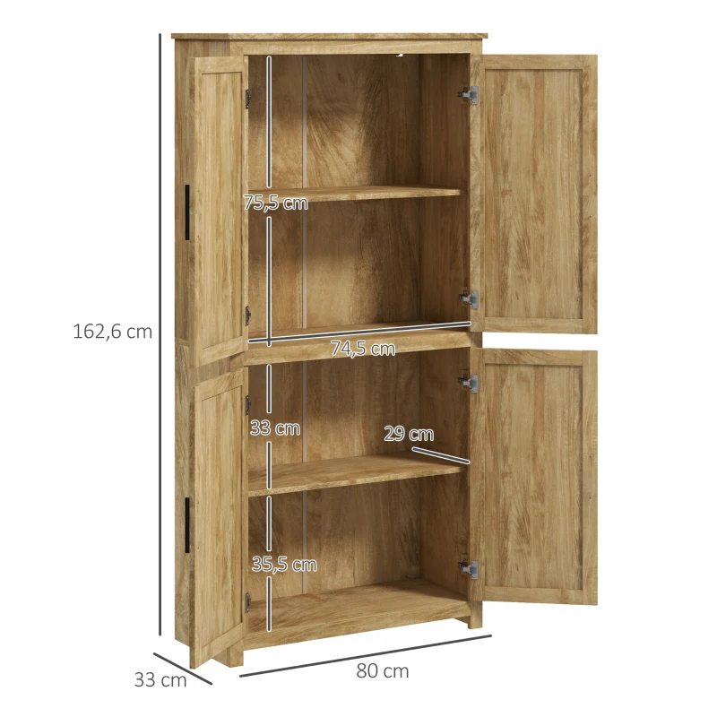 HOMCOM Alacena de Cocina con 4 Puertas de Ratán y Estantes Ajustables Estilo Bohemio Natural 80x33x162,6 cm