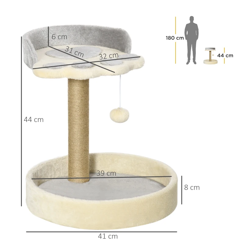 PawHut Árbol Rascador para Gatos Altura 44 cm Torre de Escalada con 2 Camas Poste de Yute, Juguete Colgante Gris Claro