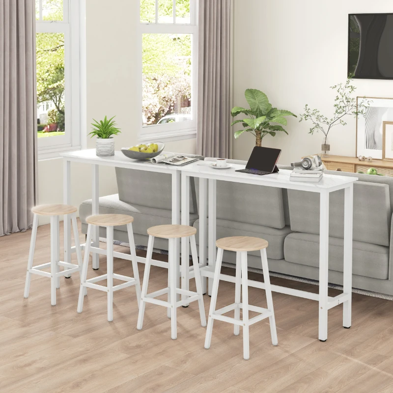 HOMCOM Lot de 2 tabourets style moderne hauteur 65 cm avec repose-pieds - blanc et aspect bois