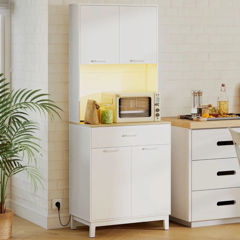 HOMCOM Alacena de Cocina con Luces LED Estación de Carga 4 Puertas Cajón Encimera Abierta 71x40x180 cm Blanco