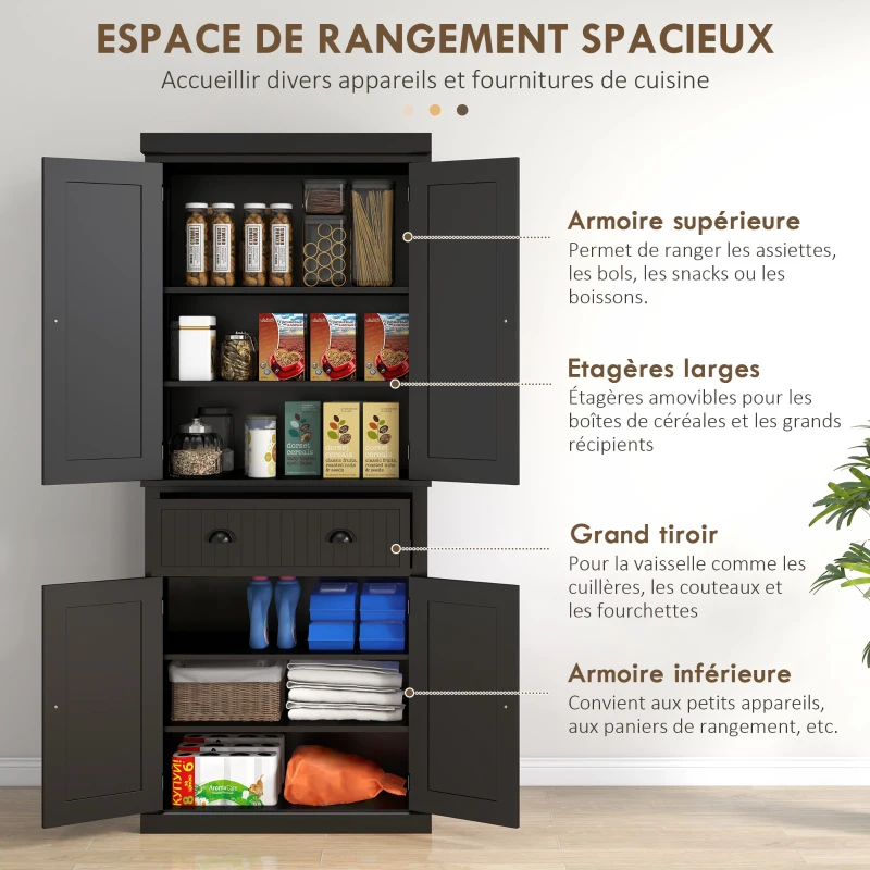 HOMCOM Armoire de cuisine buffet cuisine multi-rangements étagères réglables 4 portes et grand tiroir 76,2 x 40,2 x 183 cm noir