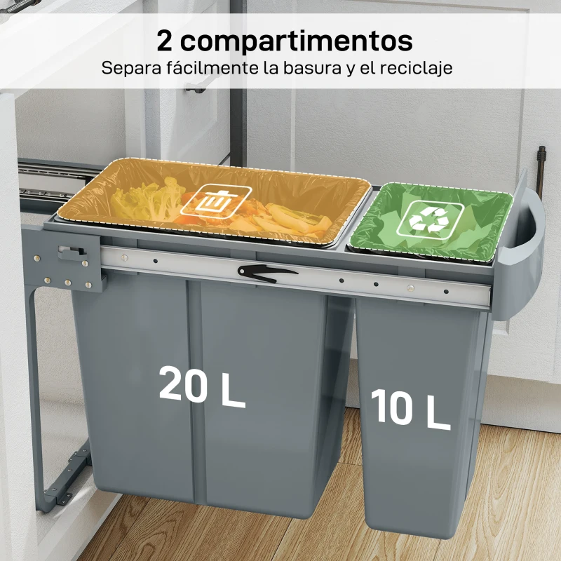 HOMCOM Cubo de Basura bajo Fregadero 2 Contenedores de Reciclaje Extraíble 20L+10L Deslizamiento Suave Gris