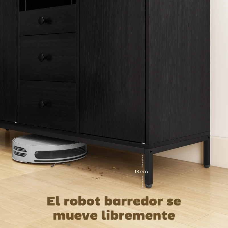 HOMCOM Aparador de 3 Puertas Aparador de Salón con 3 Cajones Estantes Ajustables para Cocina Entrada Negro 143,5x40x90 cm
